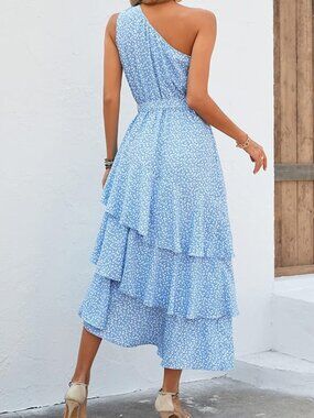 Summer Blue Floral Sundress- One Shoulder
